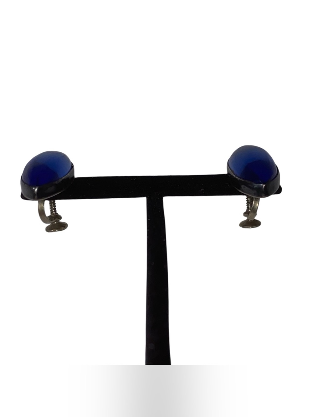 Vintage 925 Sterling Silver Blue Glass Screw Back Earrings - Picture 7 of 12